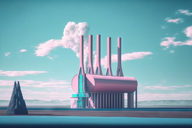 80년대 스타일의 분홍색 및 파란색 미니멀리즘 건축 장면이 있는 추상 건물이 있는 Vaporwave 풍경 Generated AI