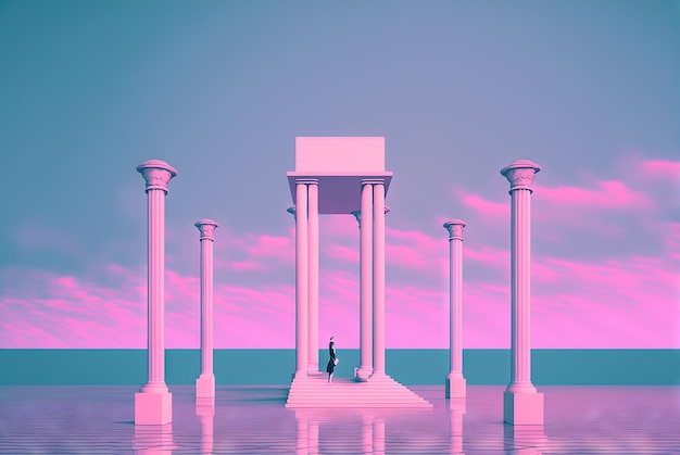 Vaporwave landscape with abstract building with pillars 80s styled pink and blue minimalistic architectural scene Generated AI