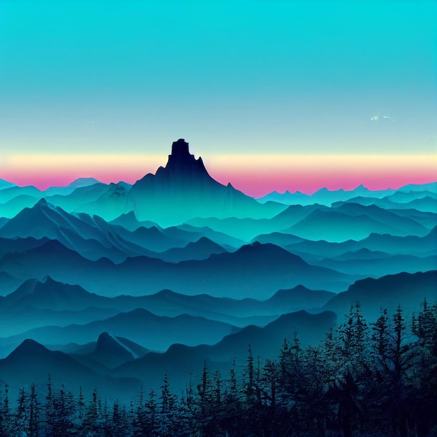 Vaporwave mountain landscape synthwave illustration