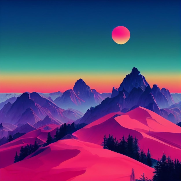 Vaporwave mountain landscape synthwave illustration