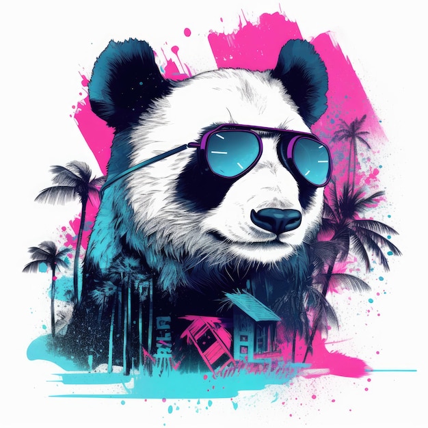 Vaporwave Panda Illustration on White Background