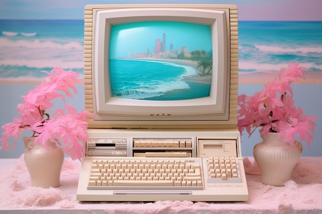 Фото vaporwave ретро настольный компьютер с элементами пользовательского интерфейса в стиле yk