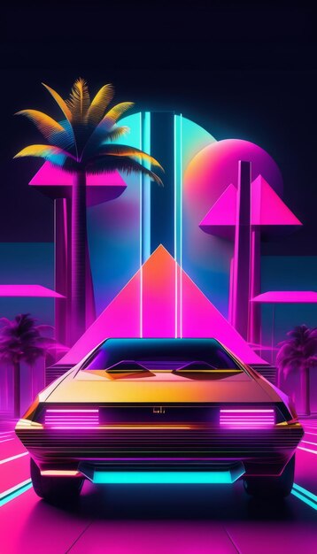 Photo vaporwave style background concept futuristic car generative ai retrowave sun