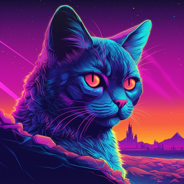 vaporwave style futuristic cat