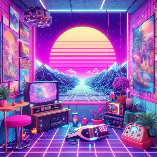 Foto vaporwave in stile retrowave retro futurismo con realtà virtuale