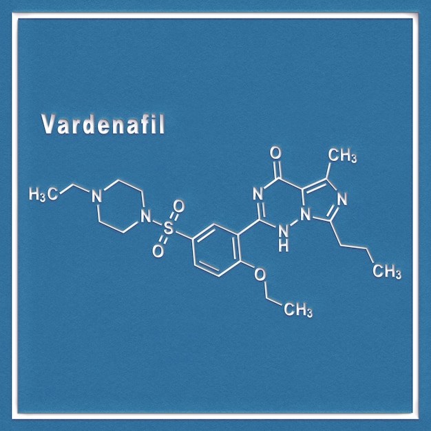 Vardenafil erectile dysfunction drug molecule structural\
chemical formula on a white background