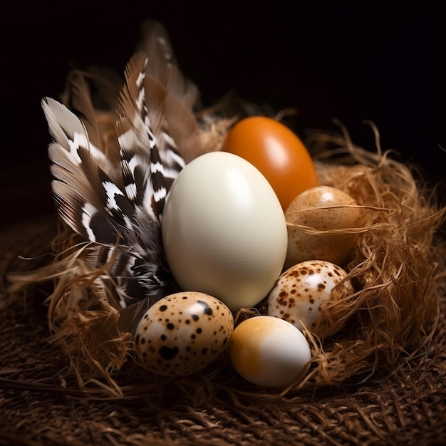 variant of eggs in nest with beautiful feathers