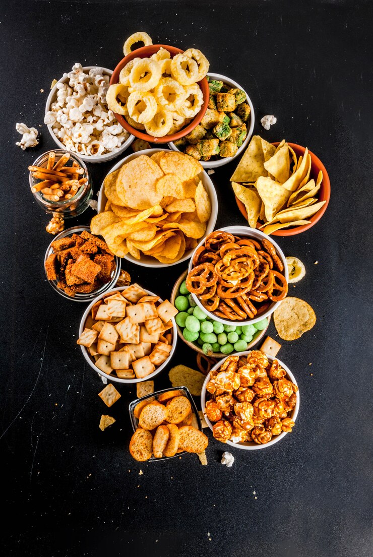 Foto variatie verschillende ongezonde snacks crackers, zoete gezouten popcorn, tortilla's, noten, rietjes, bretsels