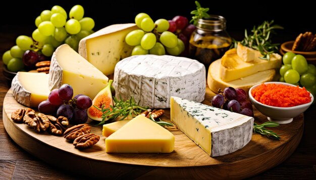 Variation of Cheese and Fruits on a Cutting Board