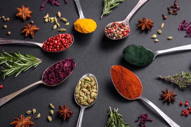 Premium Photo | Variation of spices in metal spoons paprika turmeric ...