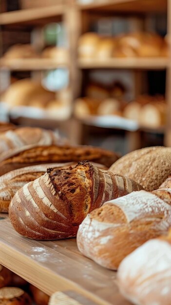 Различные ремесленные хлебы на выставке, подчеркивающие текстуры и формы в пекарной обстановке