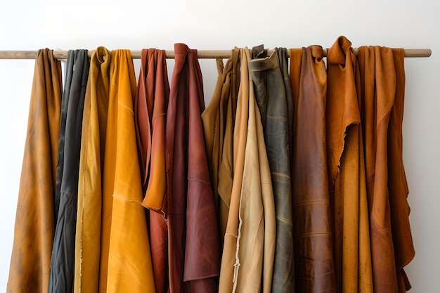Varied earth tone fabrics displayed on a rack textile samples for fashion or interior design showcased neatly warm colors stylish material autumn fashion inspiration AI