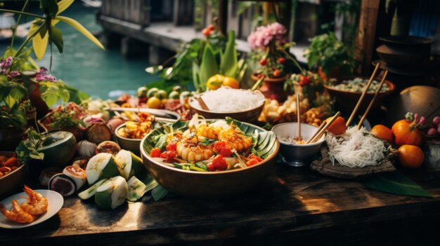 Varied foods spread on table