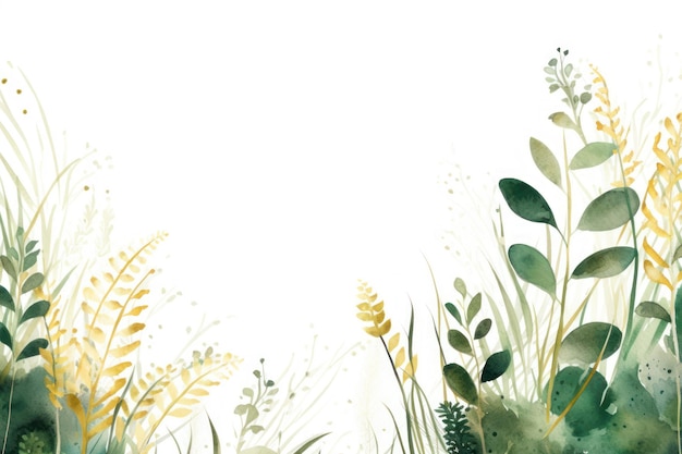 Varied Forest Grass and Leaves with Gold Washi Tape on a White Background AI Generated