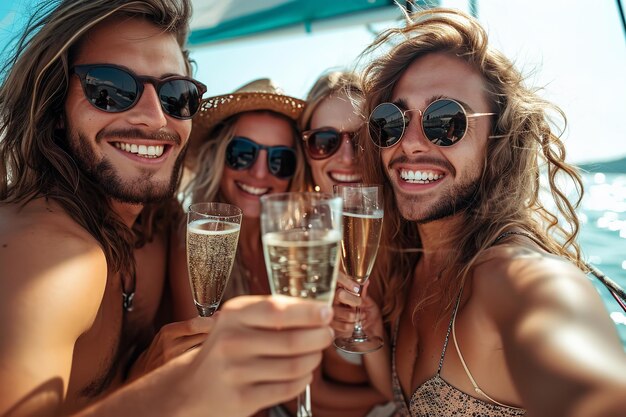 A varied group of pals are celebrating on a yacht while sipping champagne space Generative AI