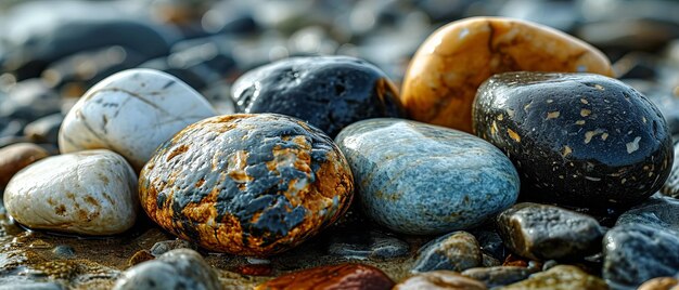 Varied pebbles gleaming in sunlight by the sea