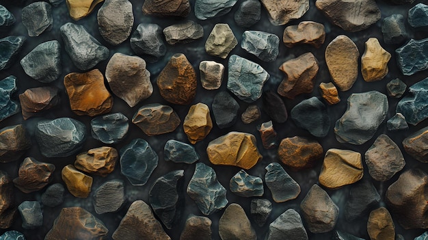 Varied river stones from above natural textures and shapes earth tones for design backgrounds perfect for wallpapers and prints AI