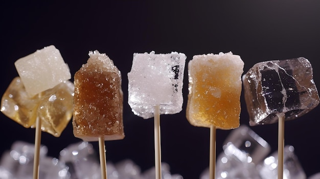 Varied sugar crystal sticks on dark background closeup of sweet rock candy assortment ideal for food blogs and culinary designs AI