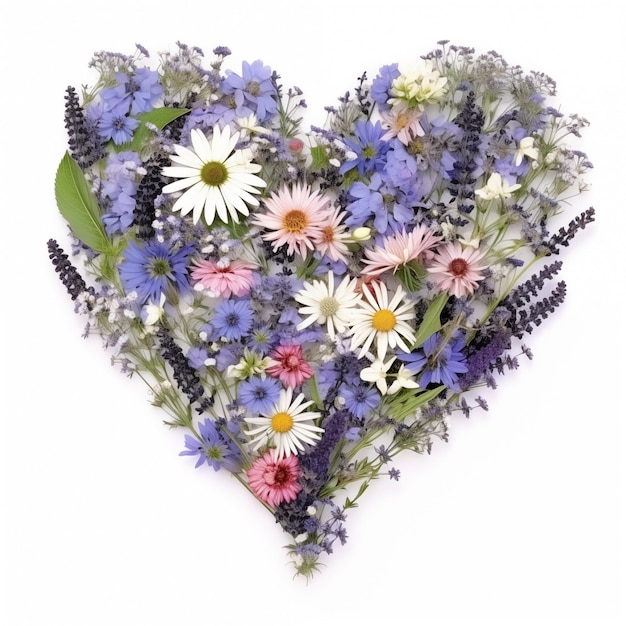 Разнообразные дикие цветы в форме сердца на белом фоне романтический жест