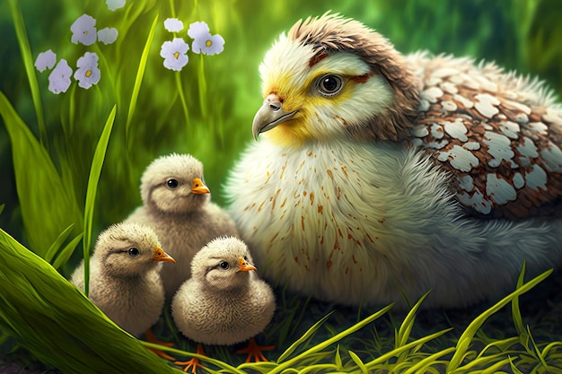 Пестрый цыпленок с милыми пушистыми цыплятами среди зеленой травы