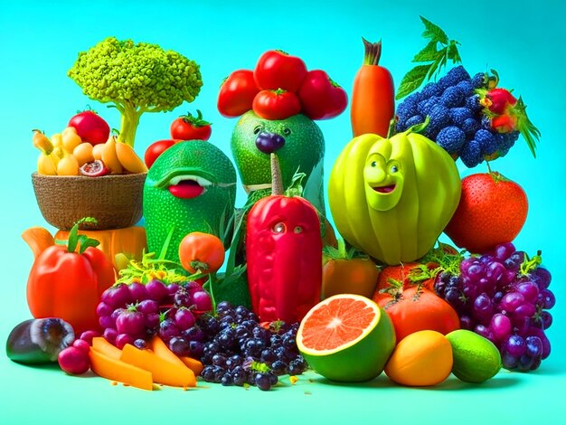 Varies frutas y verduras alegres con ojos lindos personajes divertidos изображение загружено