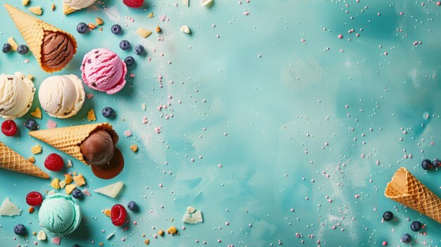 Photo varieties of ice cream and raspberries on a pink backdrop aig