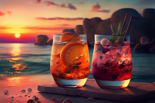 Photo a variety of alcoholic cocktail drinks with the beach at sunset on background illustration generative ai