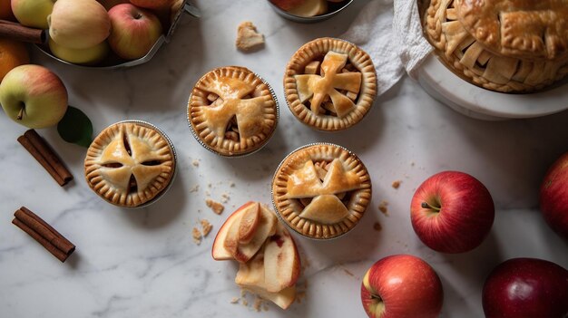 A variety of apple pies are on a table.