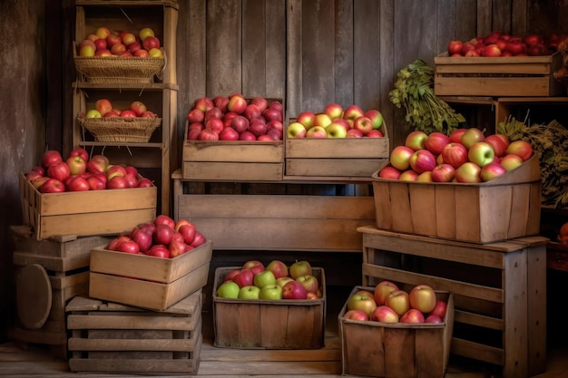 Variety of apples displayed in rustic wooden crates created with generative ai