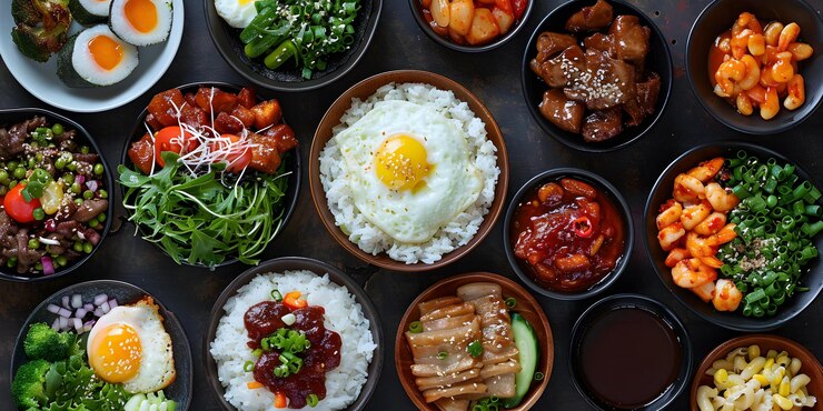 Photo  고기 와 해산물 으로 구성 된 다양한 아시아 요리