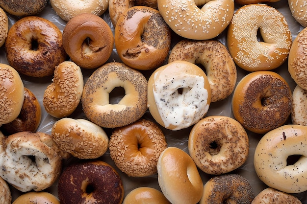 A variety of bagels are displayed on a table.