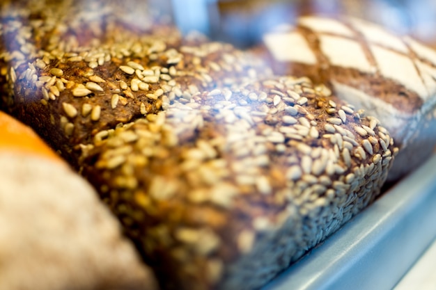 Variety of baked products at a supermarket