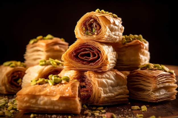 Foto varietà di pasticcini baklava sparati enfatizzando strati intricati e deliziosi ripieni di noci