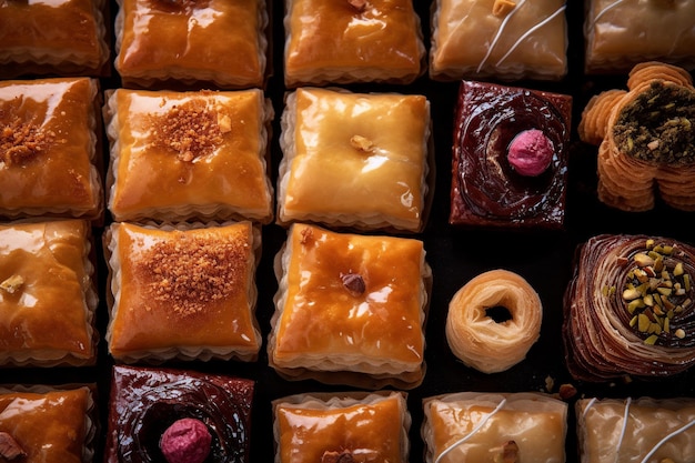 Variety of baklava pastries shot emphasizing intricate layers and luscious nut fillings