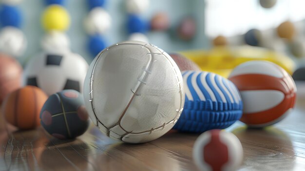 Photo a variety of balls of different sizes and colors are scattered on a wooden floor