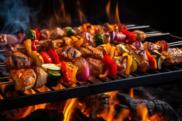 Variety of barbecue skewers meat kebabs with vegetables on hot flaming grill