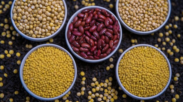 A variety of beans are displayed in bowls.