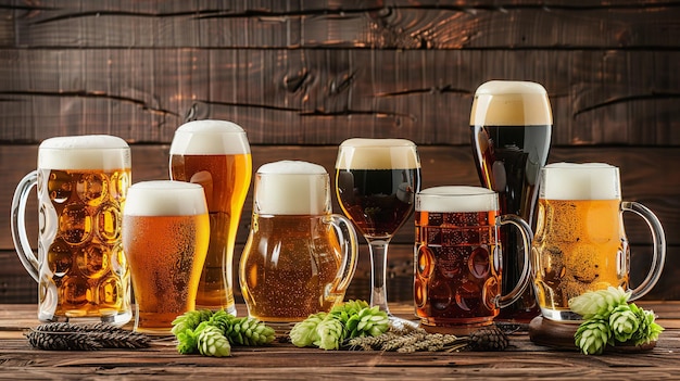 variety of beer glasses on rustic wooden background for celebrations and events