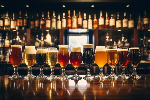 Variety of beers in elegant glasses on bar