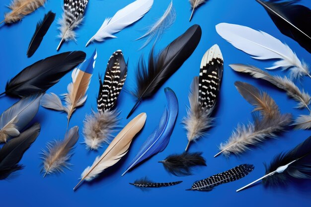 Variety of bird feathers spread over a blue surface