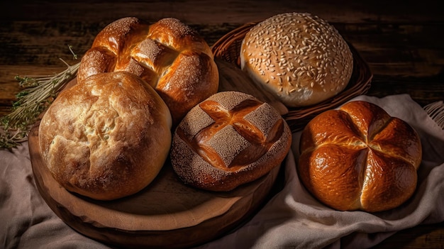 A variety of breads are on a table.