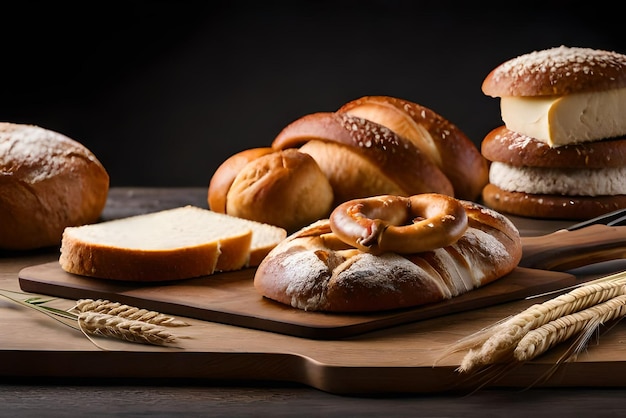A variety of breads are on a table.
