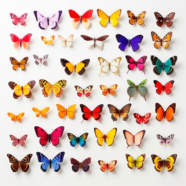 Variety of butterflies on white background