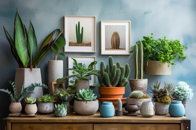 Variety of cacti and succulents and picture frame for home