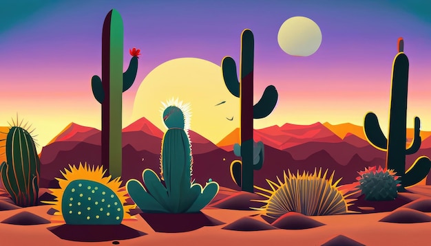 Photo a variety of cacti in sunset desert