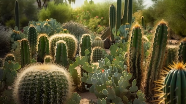 A variety of cactus plants in a desert setting.