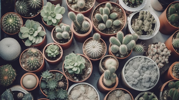 A variety of cactus in pots including one that says'cactus '