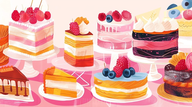 На розовом столе представлены различные торты, украшенные различными цветами фруктов и битыми сливками.
