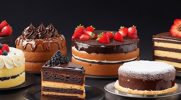 A variety of cakes are displayed on a black background