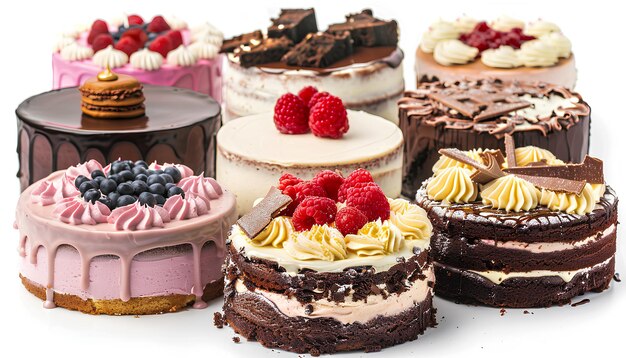 variety of cakes on the table isolated on white background